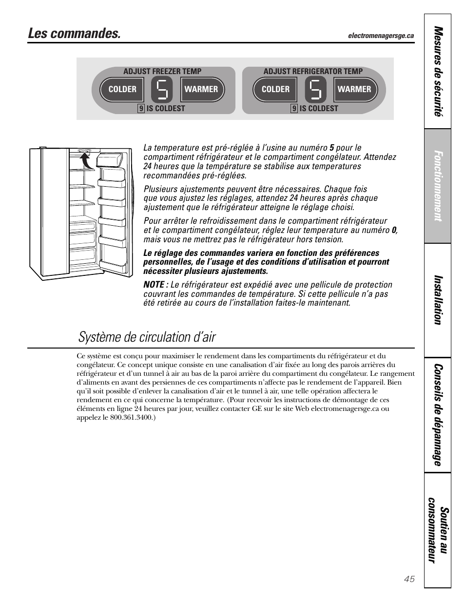 Fonctionnement, Les commandes, Système de circulation d’air | GE 23 User Manual | Page 45 / 112