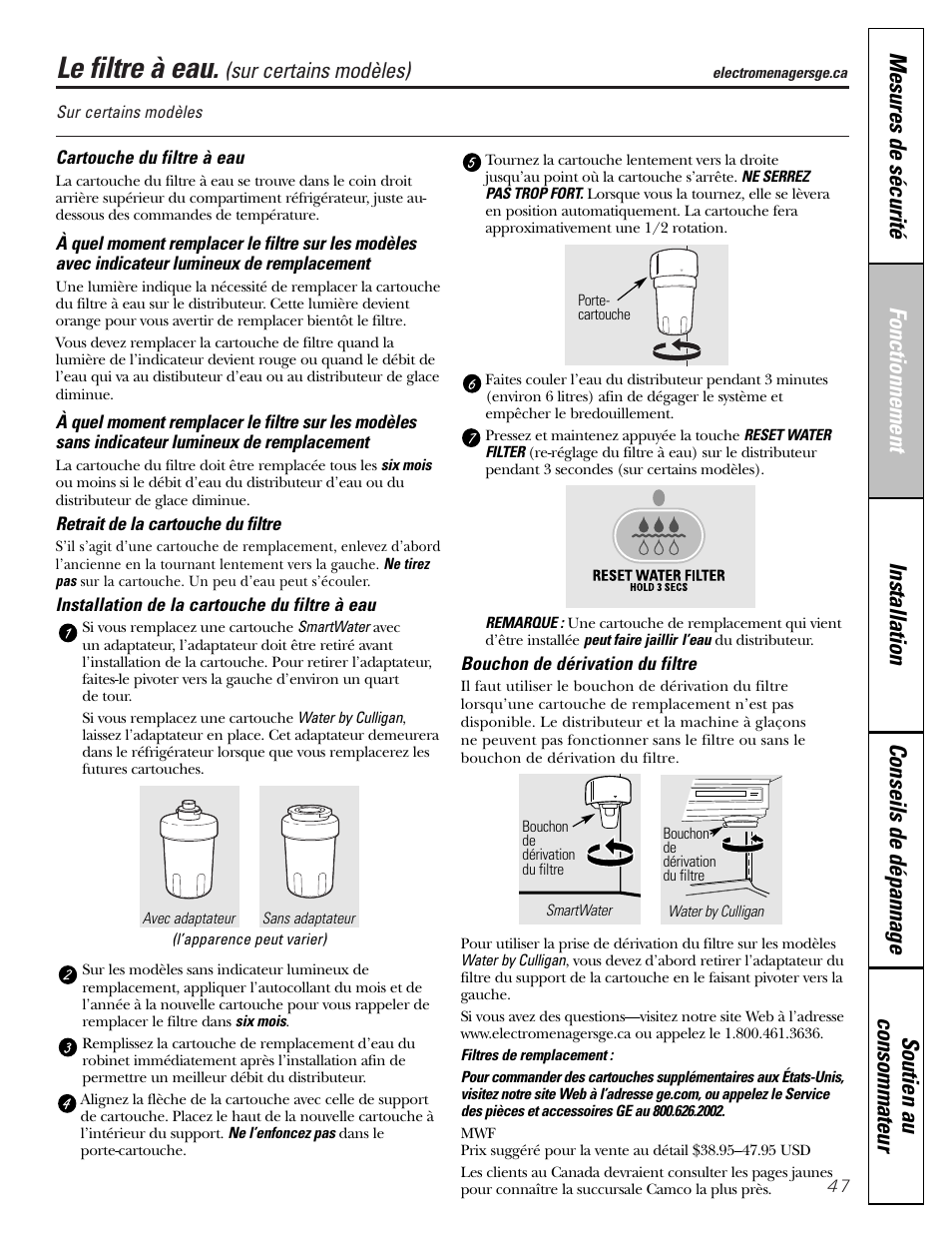 Le filtre à eau | GE 23 User Manual | Page 47 / 112