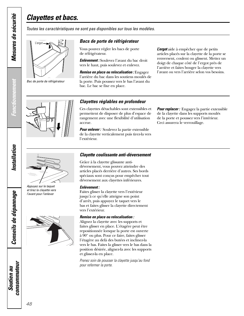 Clayettes et bacs, Clayettes et bacs , 49 | GE 23 User Manual | Page 48 / 112