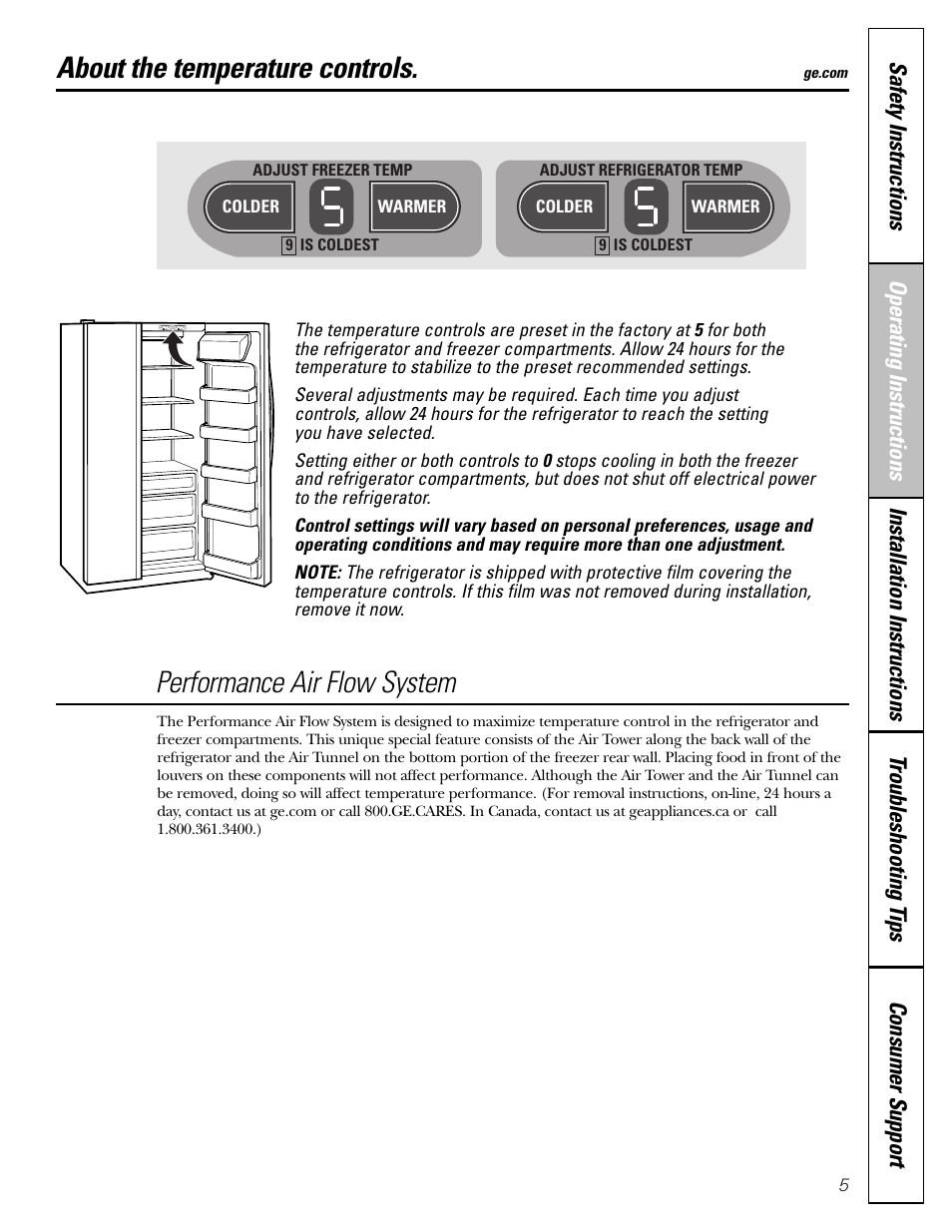 Operating instructions, Temperature controls, About the temperature controls | Performance air flow system | GE 23 User Manual | Page 5 / 112