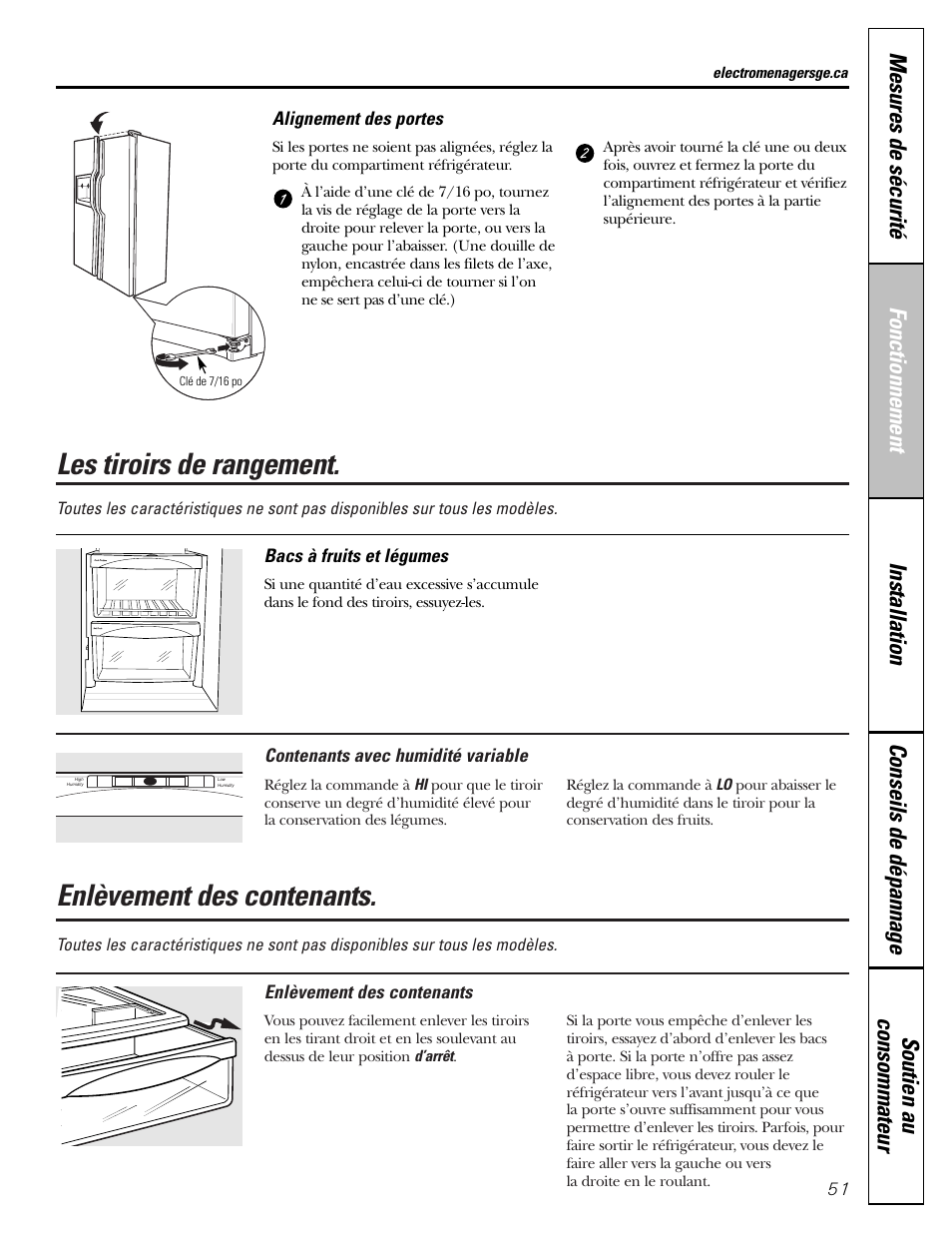 Enlèvement des contenants, Les tiroirs de rangement | GE 23 User Manual | Page 51 / 112
