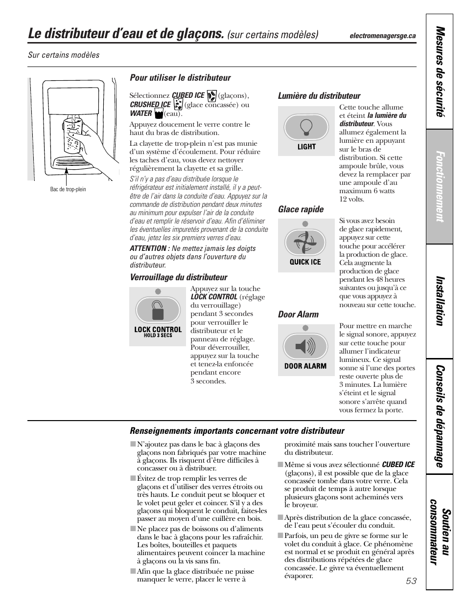 Le distributeur d’eau et de glaçons, Le distributeur d’eau et de glaçons , 54 | GE 23 User Manual | Page 53 / 112