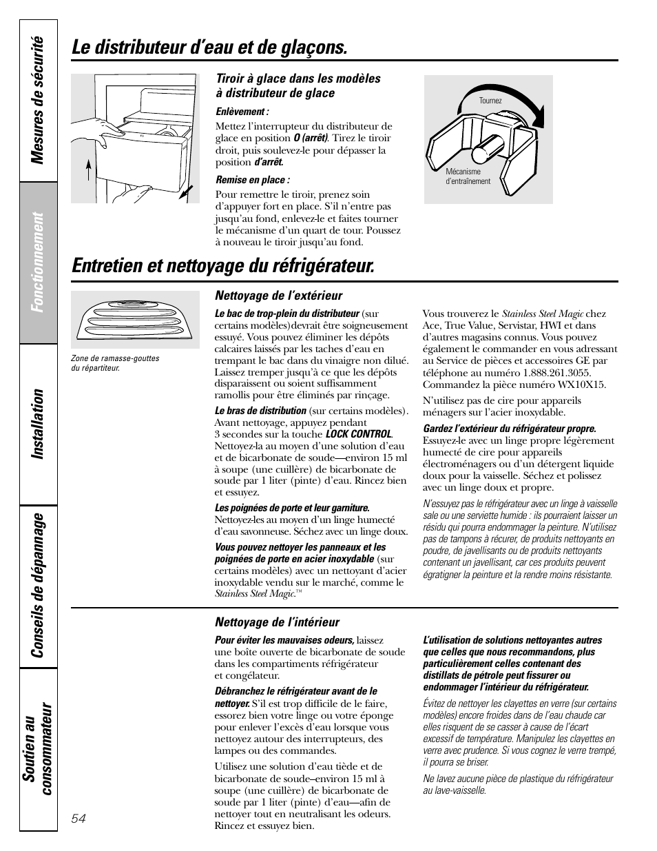 Entretien et nettoyage du réfrigérateur, Entretien et nettoyage du réfrigérateur , 55, Le distributeur d’eau et de glaçons | GE 23 User Manual | Page 54 / 112