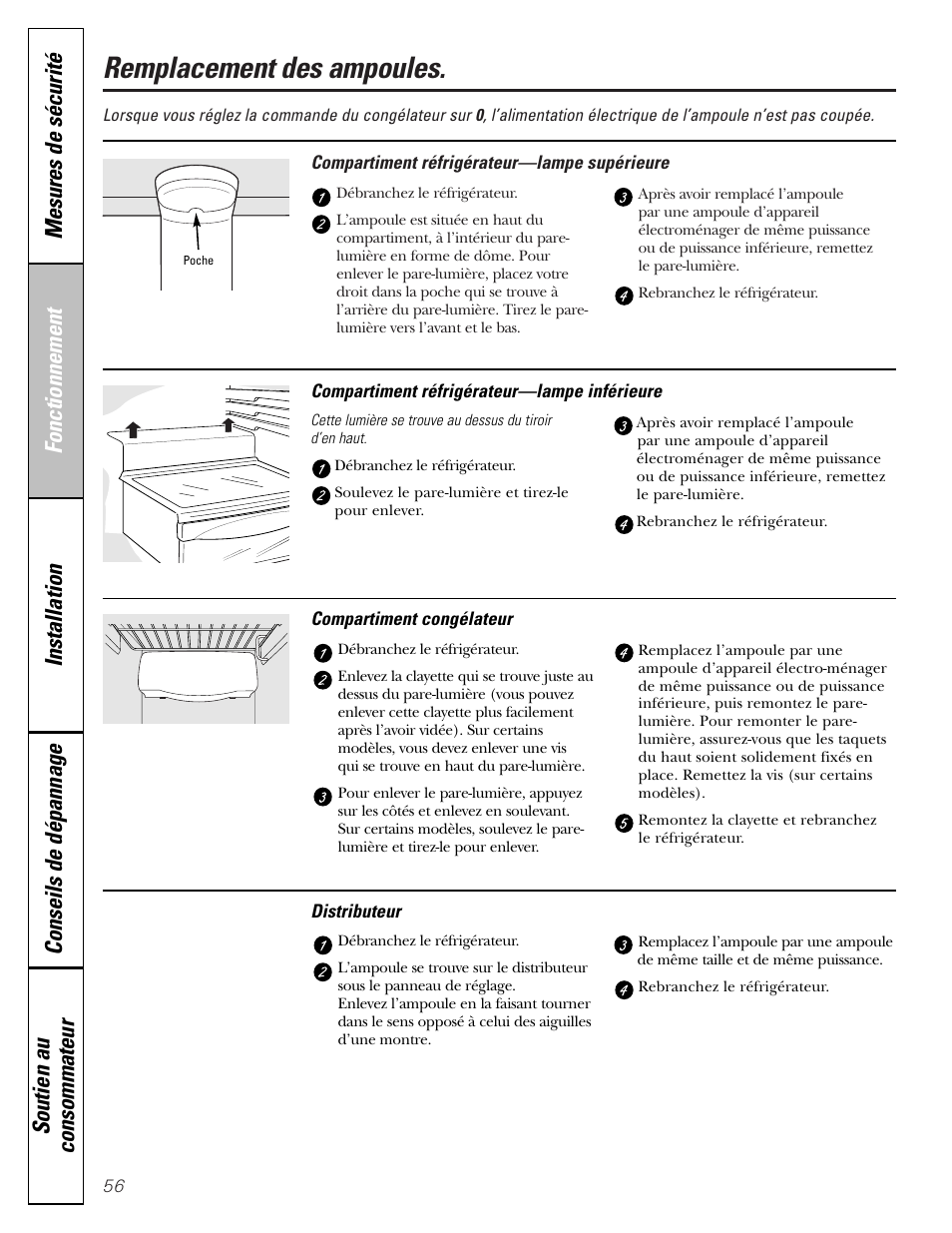 Remplacement des ampoules | GE 23 User Manual | Page 56 / 112