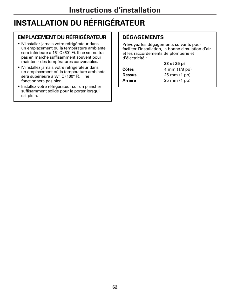 Installation du réfrigérateur | GE 23 User Manual | Page 62 / 112