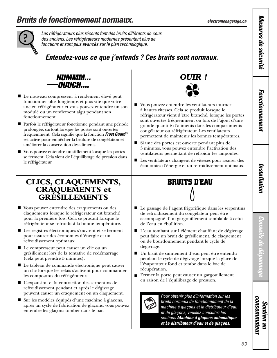 Bruits de fonctionnement normaux, Hummm... ouuch, Clics, claquements, craquements et grésillements | Bruits d’eau, Ouir | GE 23 User Manual | Page 69 / 112