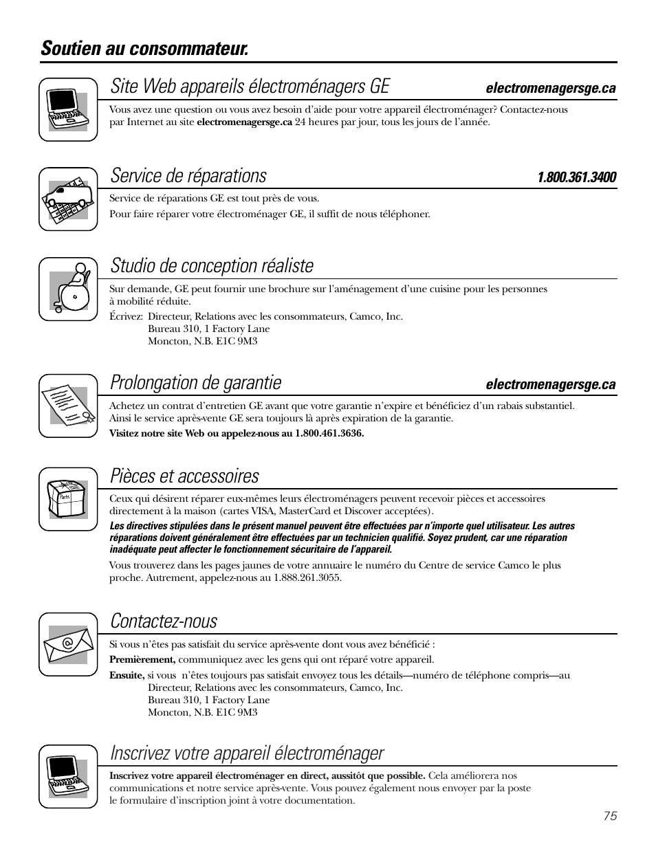Soutien au consommateur, Inscrivez votre appareil électroménager, Service de réparations | Studio de conception réaliste, Prolongation de garantie, Pièces et accessoires, Contactez-nous | GE 23 User Manual | Page 75 / 112