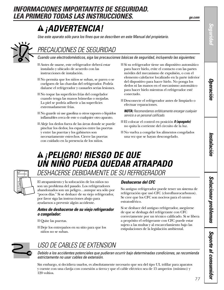 Información de seguridad, Advertencia, Precauciones de seguridad | Deshacerse debidamente de su refrigerador, Uso de cables de extension | GE 23 User Manual | Page 77 / 112