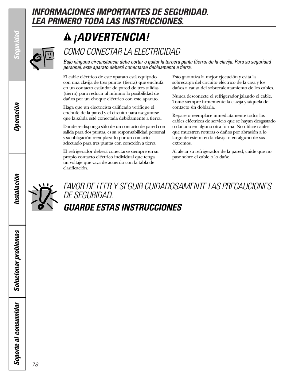 Advertencia, Como conectar la electricidad | GE 23 User Manual | Page 78 / 112