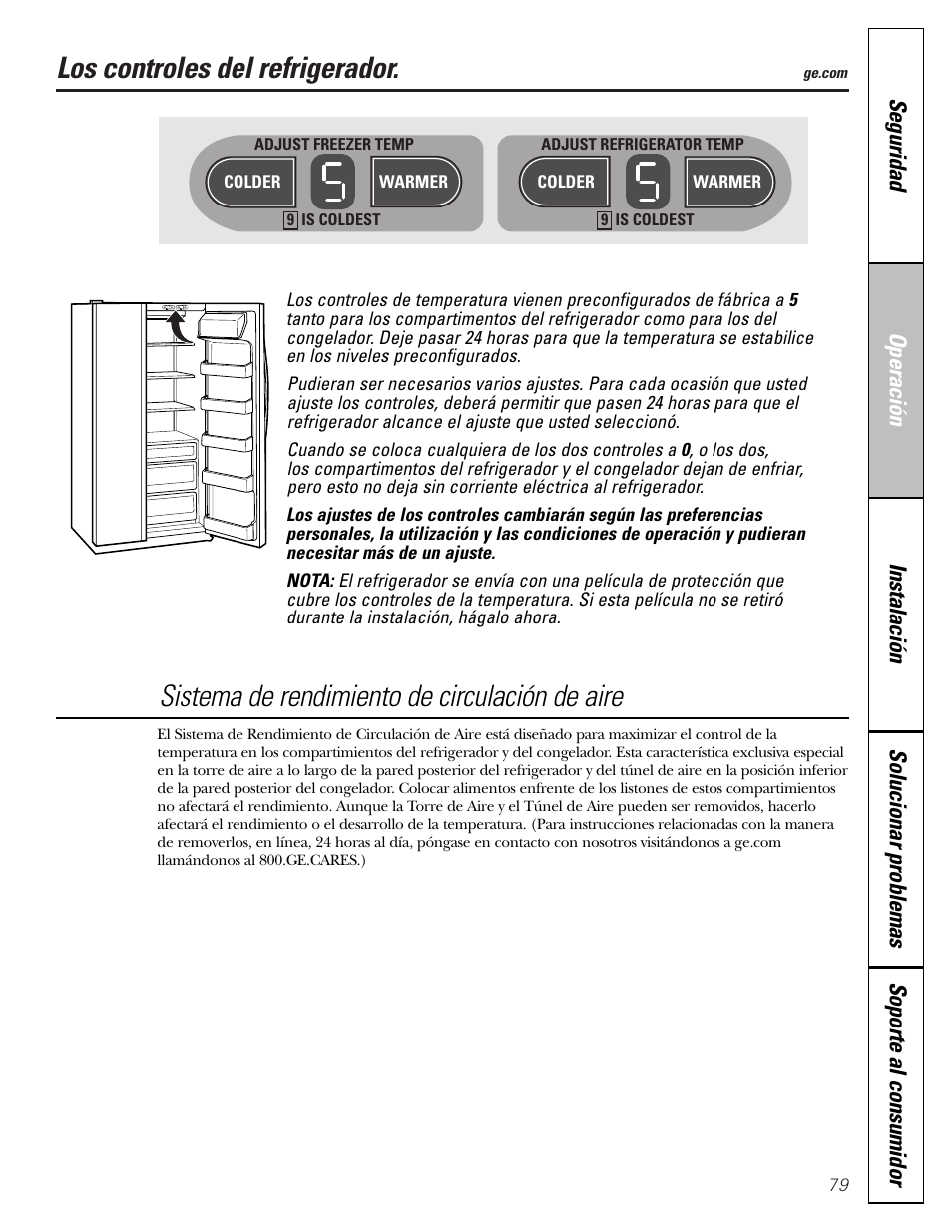 Instrucciones de operación, Los controles de refrigerador, Los controles del refrigerador | Sistema de rendimiento de circulación de aire | GE 23 User Manual | Page 79 / 112