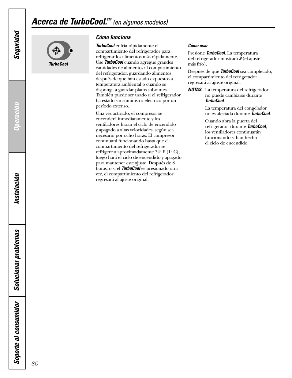 Turbocool, Acerca de turbocool | GE 23 User Manual | Page 80 / 112