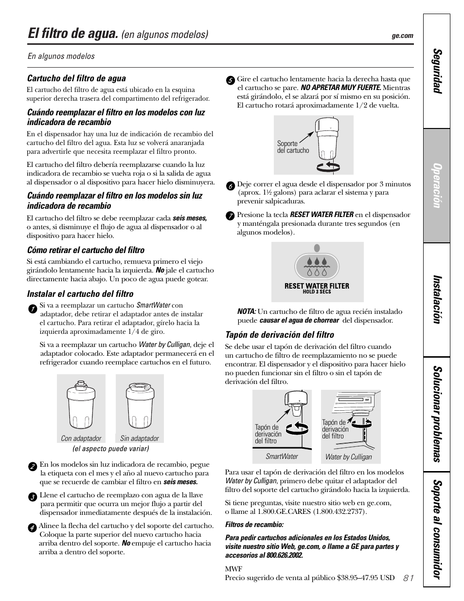 El filtro de agua, En algunos modelos) | GE 23 User Manual | Page 81 / 112