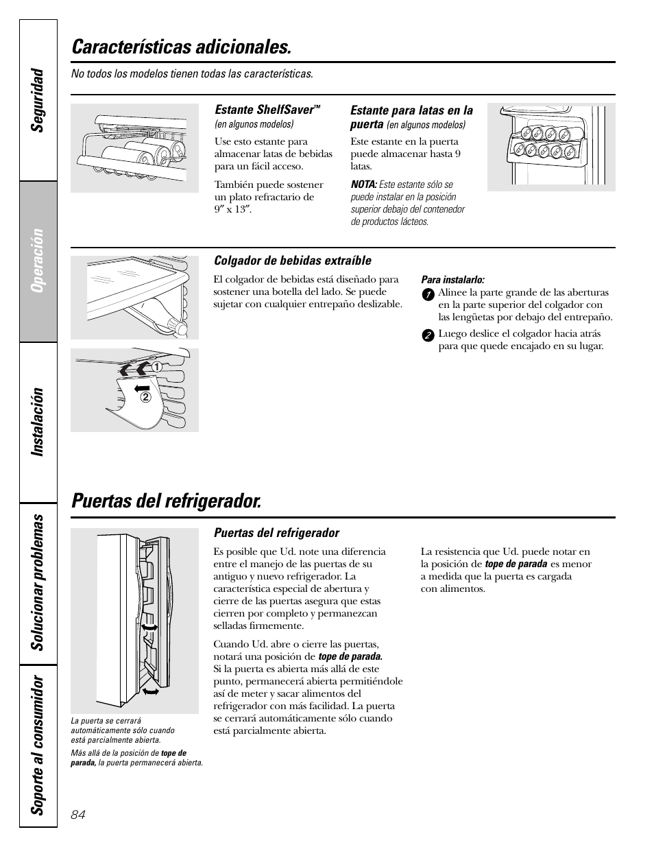 Características adicionales, Puertas del refrigerador, Puertas del refrigerador , 85 | GE 23 User Manual | Page 84 / 112