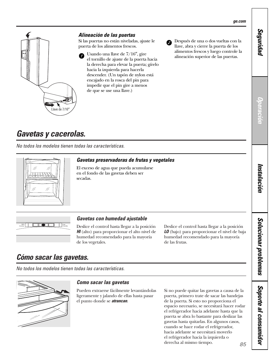 Cómo sacar las gavetas, Gavetas y cacerolas | GE 23 User Manual | Page 85 / 112