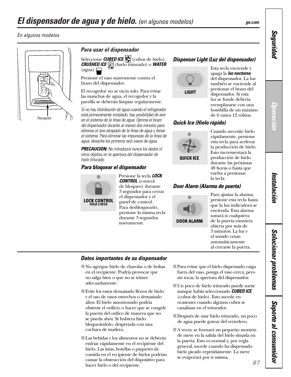 El dispensador de agua y de hielo, En algunos modelos) | GE 23 User Manual | Page 87 / 112
