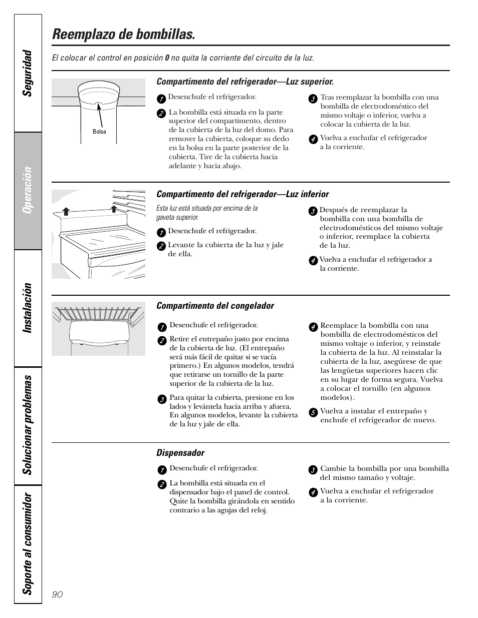 Reemplazo de bombillas | GE 23 User Manual | Page 90 / 112
