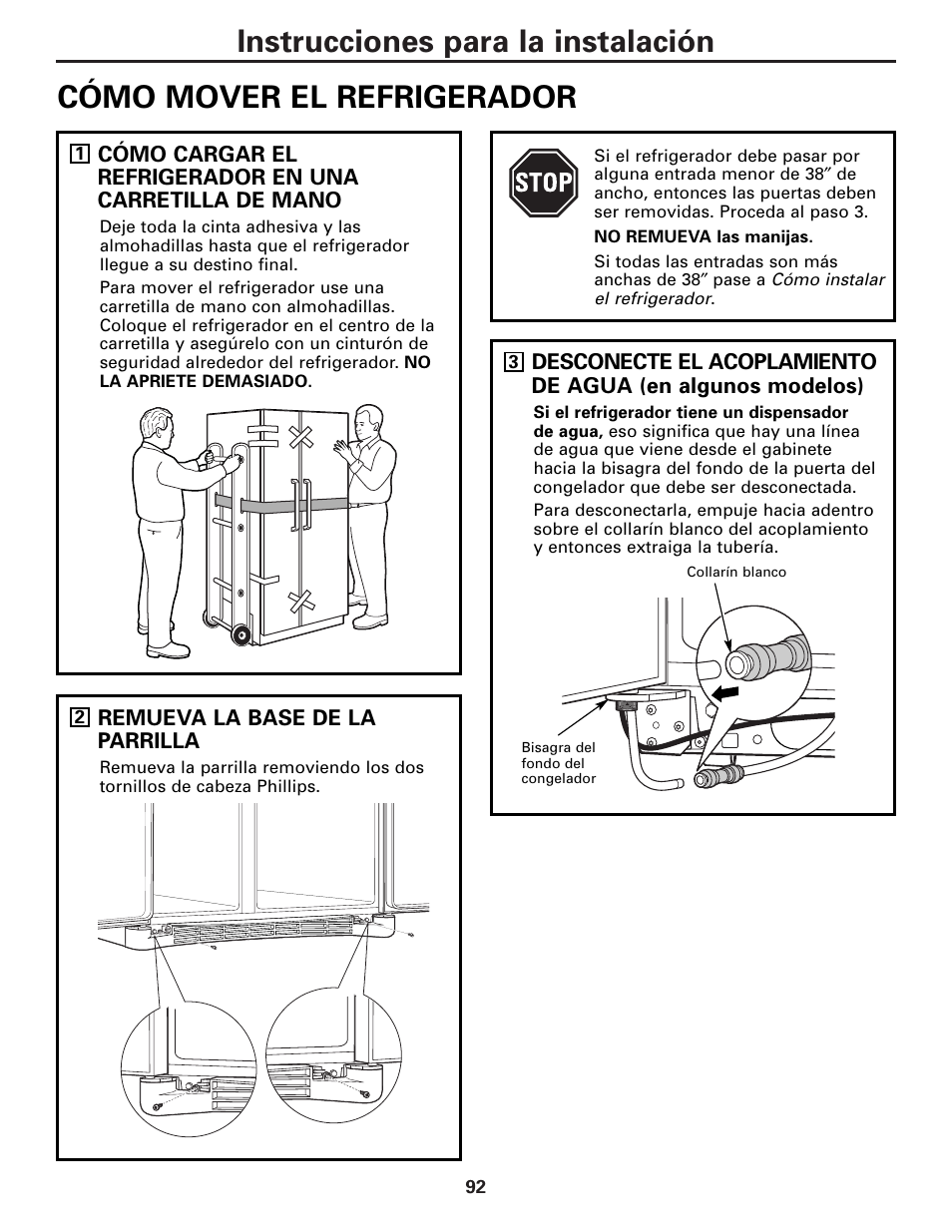 Instrucciones para la instalación, Cómo mover el refrigerador | GE 23 User Manual | Page 92 / 112