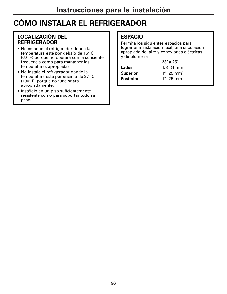 Instalación del refrigerador | GE 23 User Manual | Page 96 / 112
