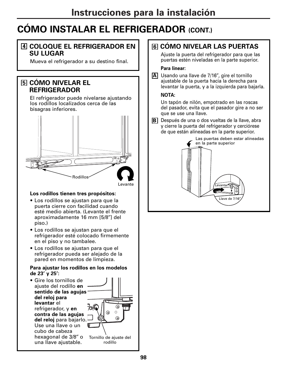 Cont.) coloque el refrigerador en su lugar, Cómo nivelar el refrigerador, Cómo nivelar las puertas | GE 23 User Manual | Page 98 / 112