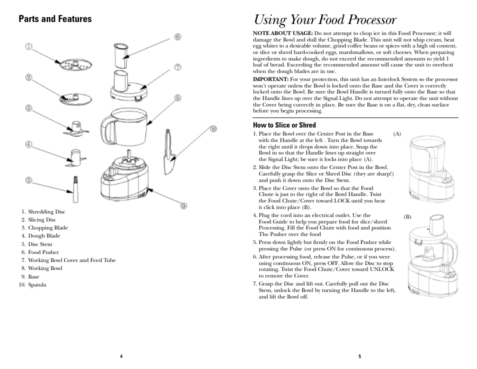 Using your food processor, Parts and features | GE 168956 User Manual | Page 2 / 6