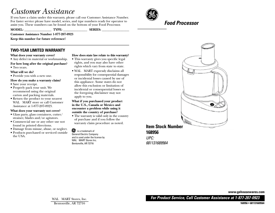 Customer assistance, Food processor | GE 168956 User Manual | Page 6 / 6