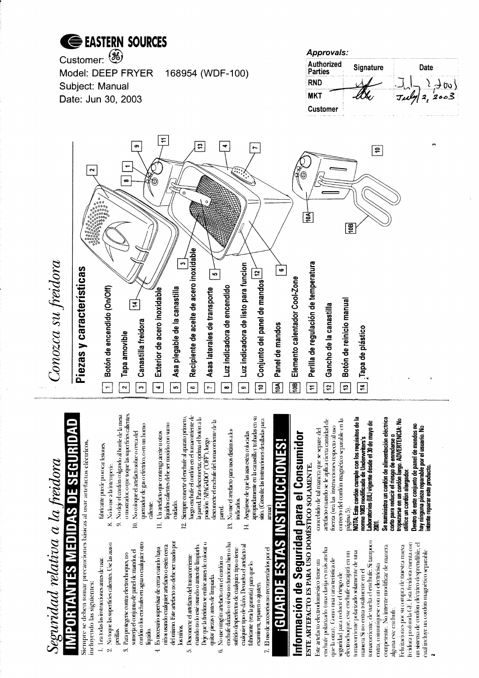 Seguridad relativa a la frádara, Conozca su freidora, Ш в в в | Importantes medidas de seguridad, Guarde estas instruccidnes, Información de seguridad para el consumidor, Piezas y características | GE 168954 User Manual | Page 2 / 4