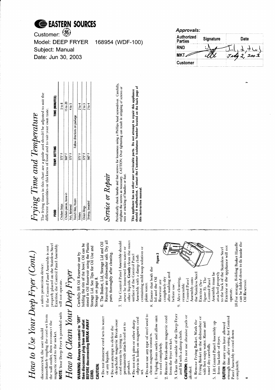 How to use your deep fryer (cont.), How to clean your deep fryer, Frying time and temperature | Service or repair | GE 168954 User Manual | Page 3 / 4