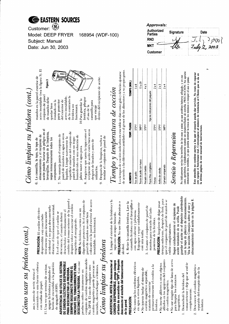 Cómo usar su freidora (coni.), Cómo limpiar su freidora (coni.), Cómo limpiar su freidora | Tiempo y temperatura de coedón, Servicio o reparración | GE 168954 User Manual | Page 4 / 4