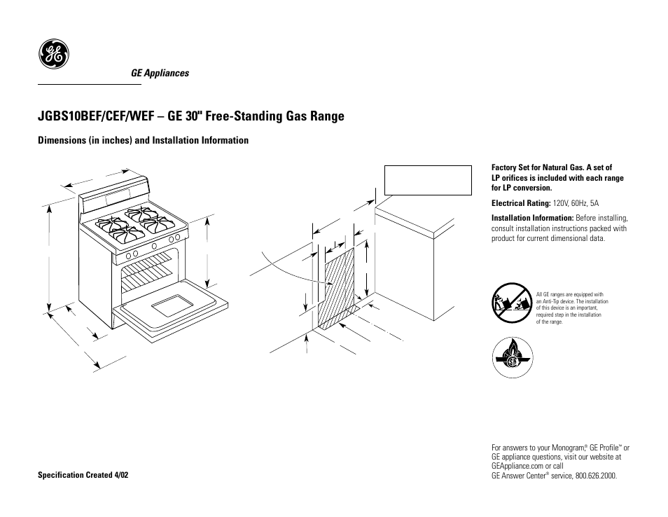 GE Profile JGBS10WEFWW User Manual | 2 pages