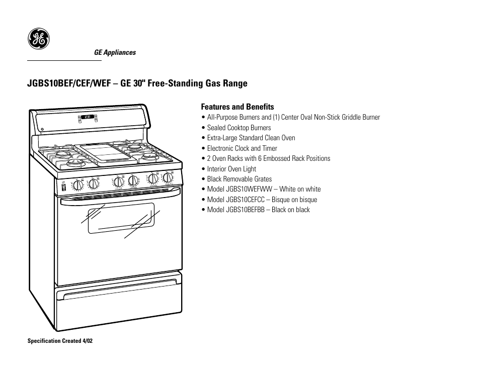 Jgbs10bef/cef/wef – ge 30" free-standing gas range, Features and benefits, Ge appliances | Lite, Front, Specification created 4/02 | GE Profile JGBS10WEFWW User Manual | Page 2 / 2