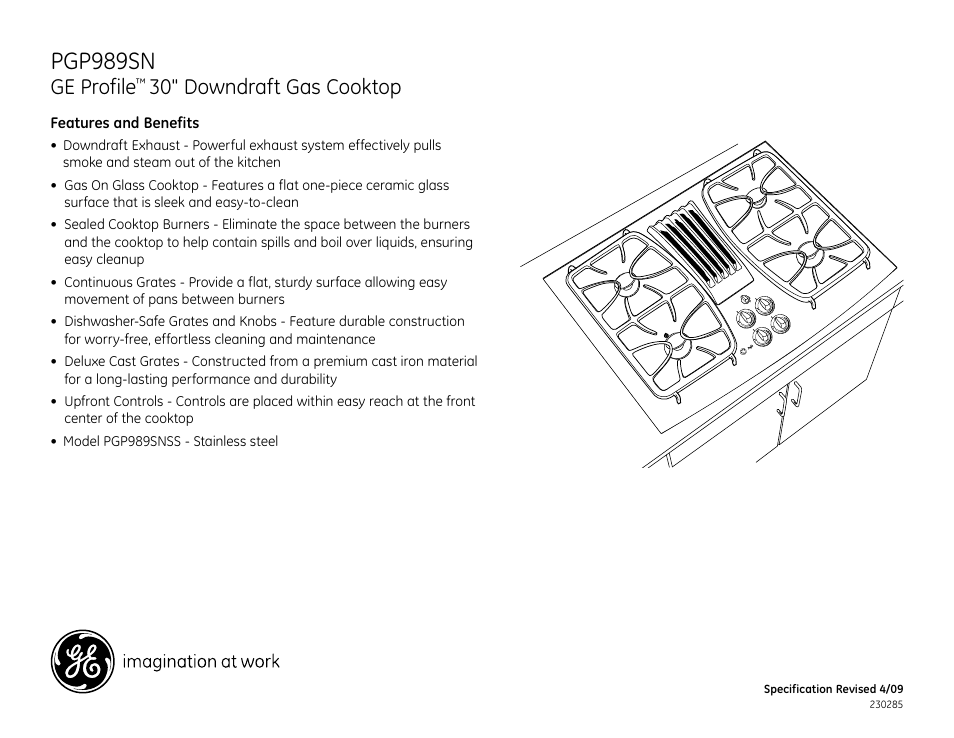 Pgp989sn, Ge profile, 30" downdraft gas cooktop | Pgp989dn_tn_sn | GE PROFILE PGP989SN User Manual | Page 3 / 3