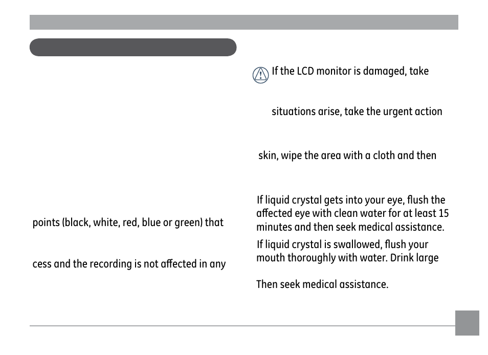 About the lcd screen | GE G2 User Manual | Page 29 / 106