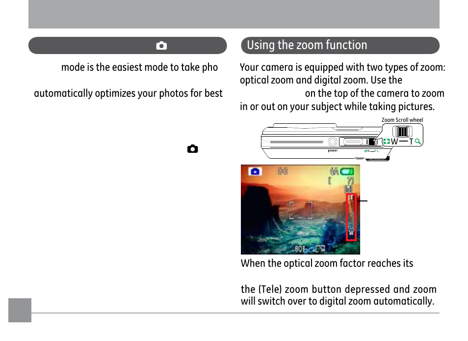 Basic operation, Shooting in auto mode, 8vlqjwkh]rrpixqfwlrq | GE G2 User Manual | Page 30 / 106