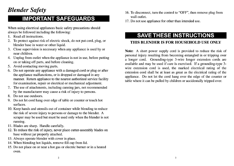 This blender is for household use only, Blender safety, Important safeguards | Save these instructions | GE 168942 User Manual | Page 2 / 6