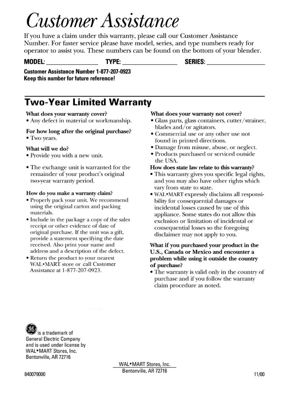 Customer assistance, Two-year limited warranty | GE 168942 User Manual | Page 6 / 6