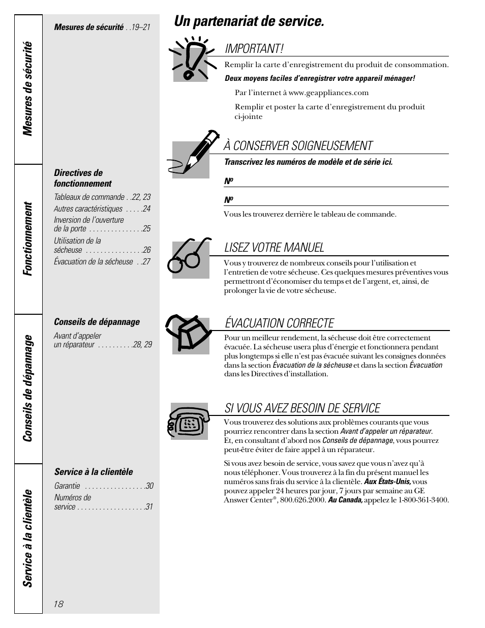 French table of contents, Directives de fonctionnement, Conseils de dépannage | Service à la clientèle, Un partenariat de service, À conserver soigneusement, Lisez votre manuel si vous avez besoin de service, Important, Évacuation correcte | GE Profile 513 User Manual | Page 18 / 48