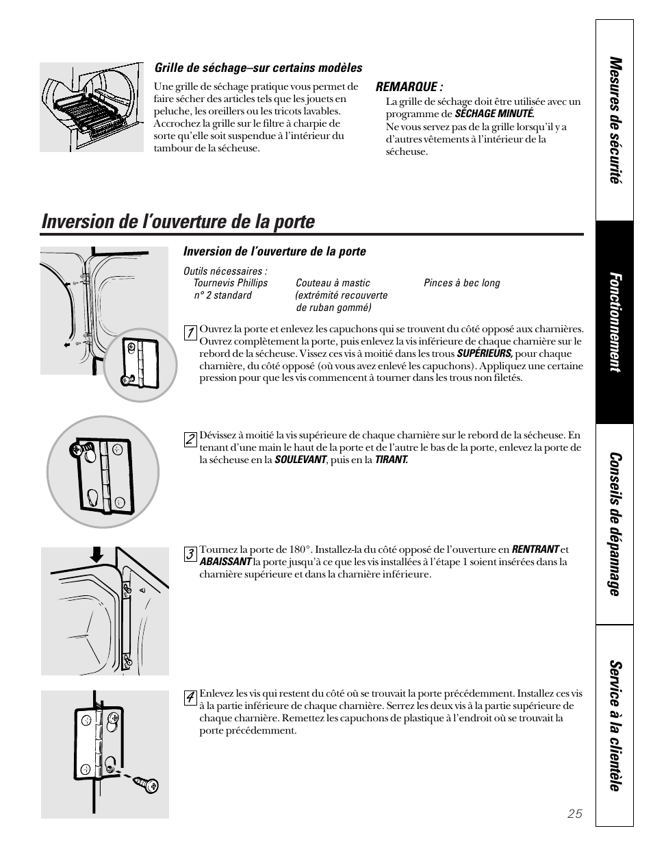 Inversion de l’ouverture, Inversion de l’ouverture de la porte | GE Profile 513 User Manual | Page 25 / 48