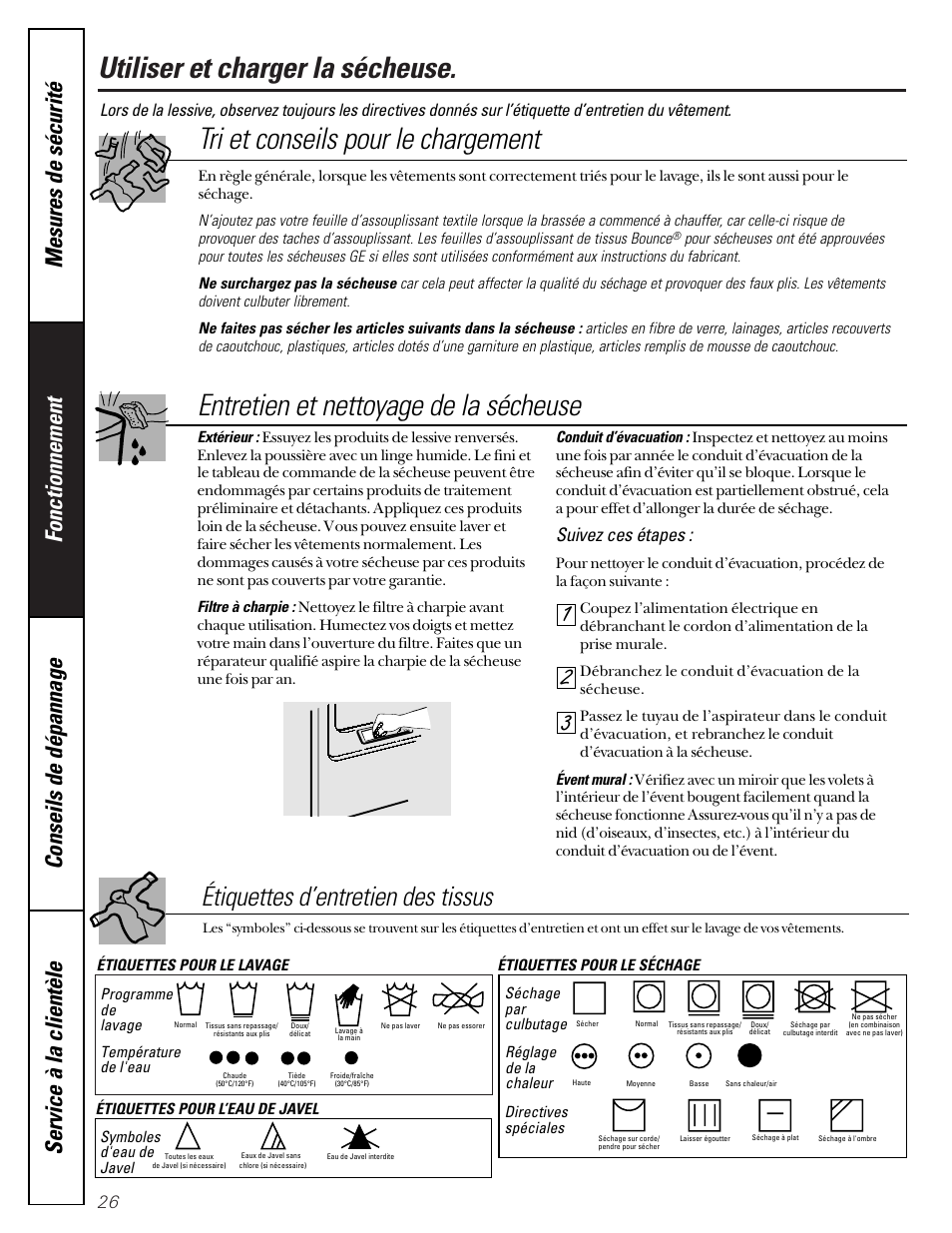 Utilisation de la sécheuse, Utiliser et charger la sécheuse, Tri et conseils pour le chargement | Entretien et nettoyage de la sécheuse, Étiquettes d’entretien des tissus, Suivez ces étapes | GE Profile 513 User Manual | Page 26 / 48