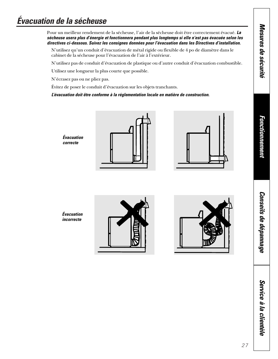 Évacuation de la sécheuse | GE Profile 513 User Manual | Page 27 / 48