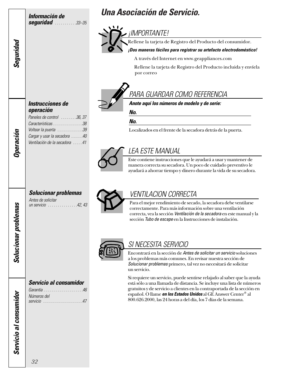 Spanish table of contents, Instrucciones de operación, Solucionar problemas | Servicio al consumidor, Una asociación de servicio, Para guardar como referencia, Lea este manual si necesita servicio, Importante, Ventilacion correcta | GE Profile 513 User Manual | Page 32 / 48