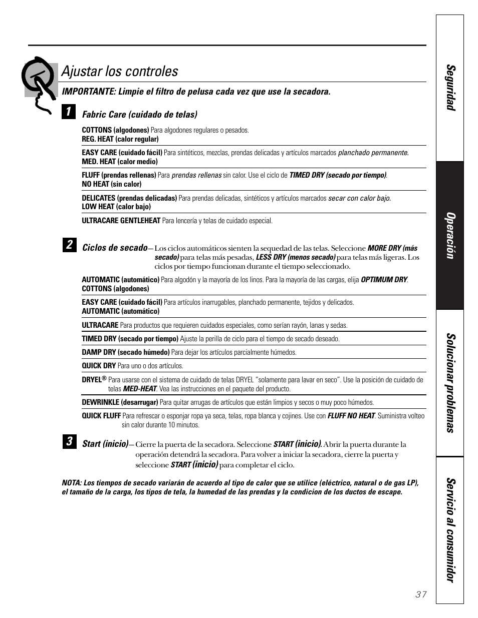 Ajustar los controles | GE Profile 513 User Manual | Page 37 / 48