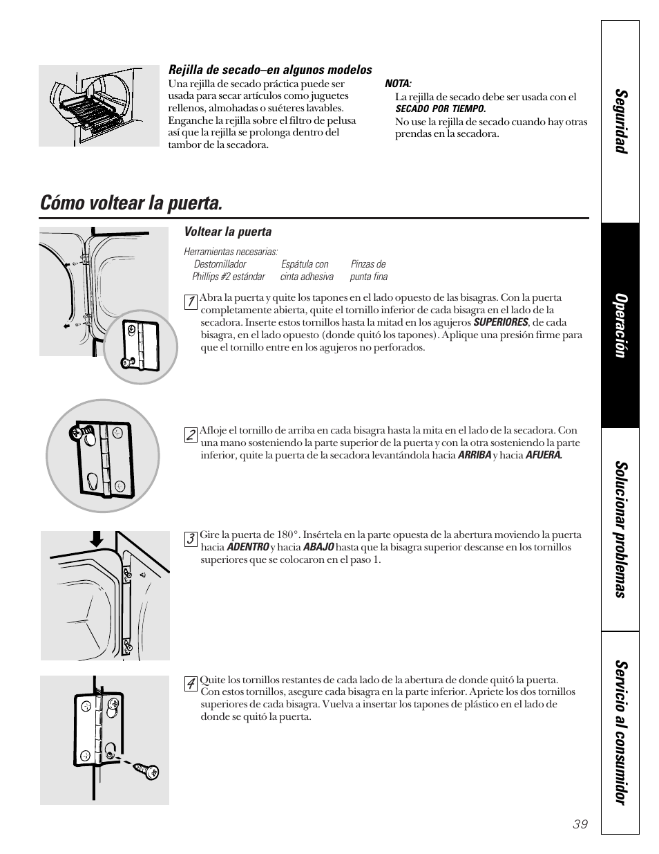 Voltear la puerta, Cómo voltear la puerta | GE Profile 513 User Manual | Page 39 / 48