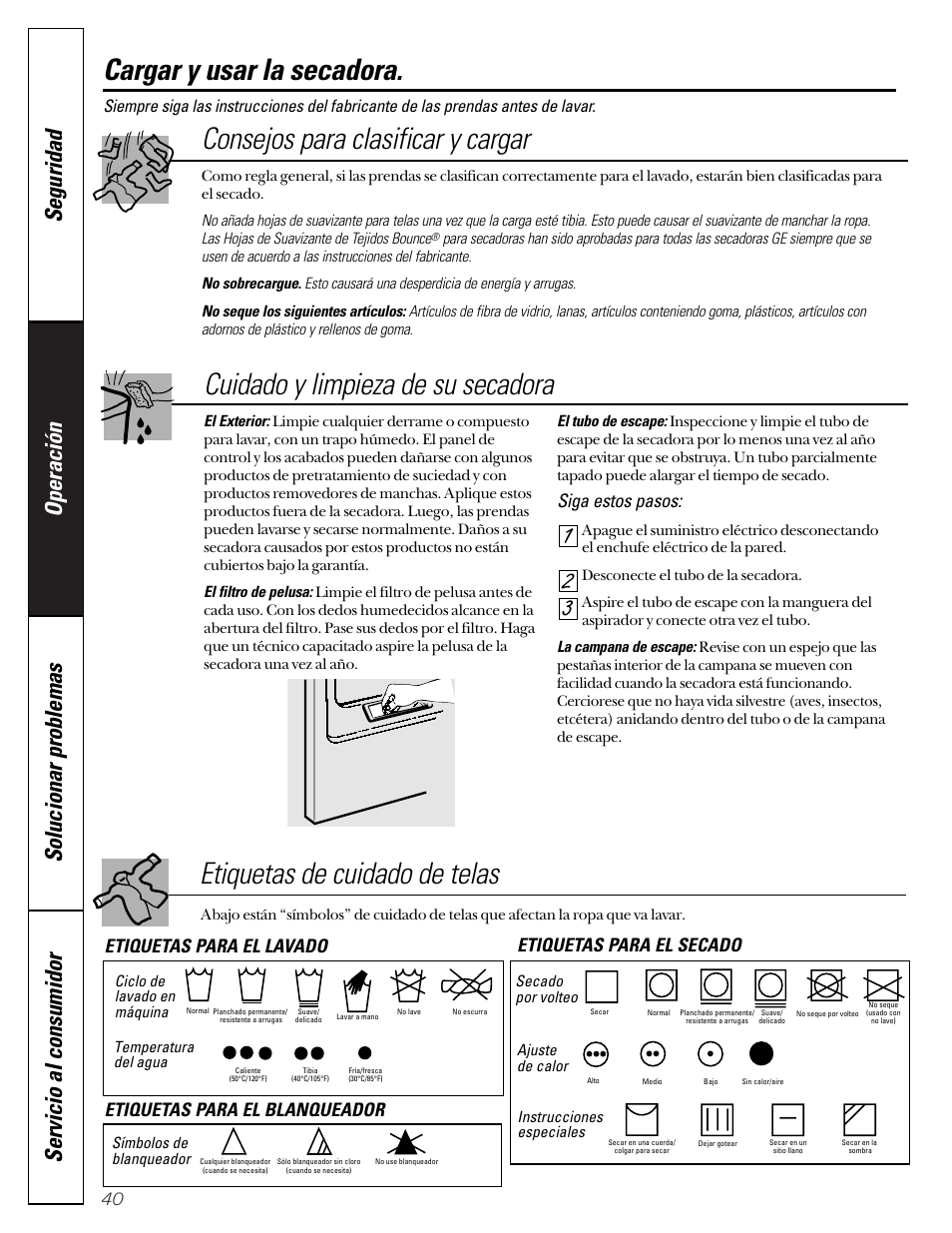 Cargar y usar la secadora, Consejos para clasificar y cargar, Siga estos pasos | GE Profile 513 User Manual | Page 40 / 48