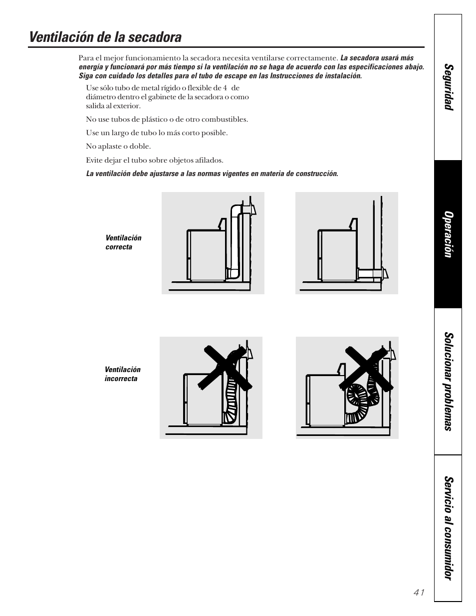 Ventilación de la secadora | GE Profile 513 User Manual | Page 41 / 48