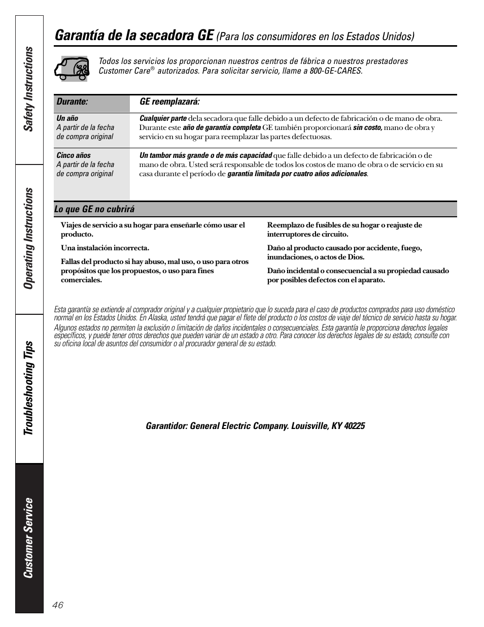 Garantía, Garantía de la secadora ge, Para los consumidores en los estados unidos) | GE Profile 513 User Manual | Page 46 / 48