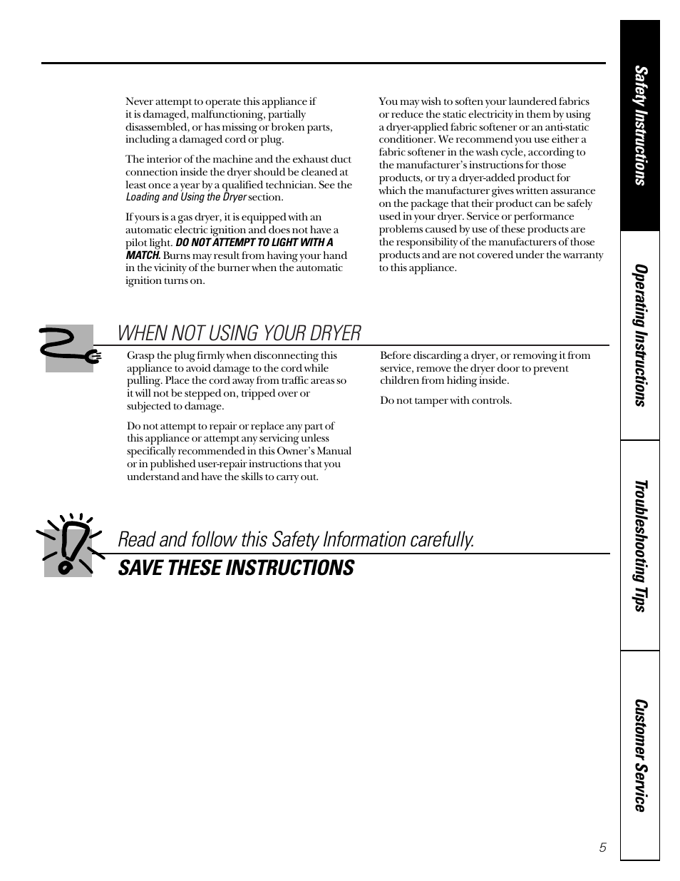 When not using your dryer | GE Profile 513 User Manual | Page 5 / 48