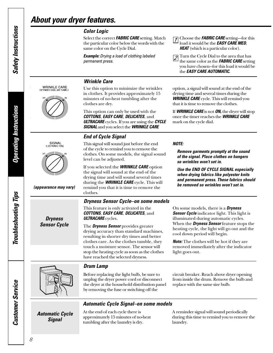 Features, About your dryer features | GE Profile 513 User Manual | Page 8 / 48