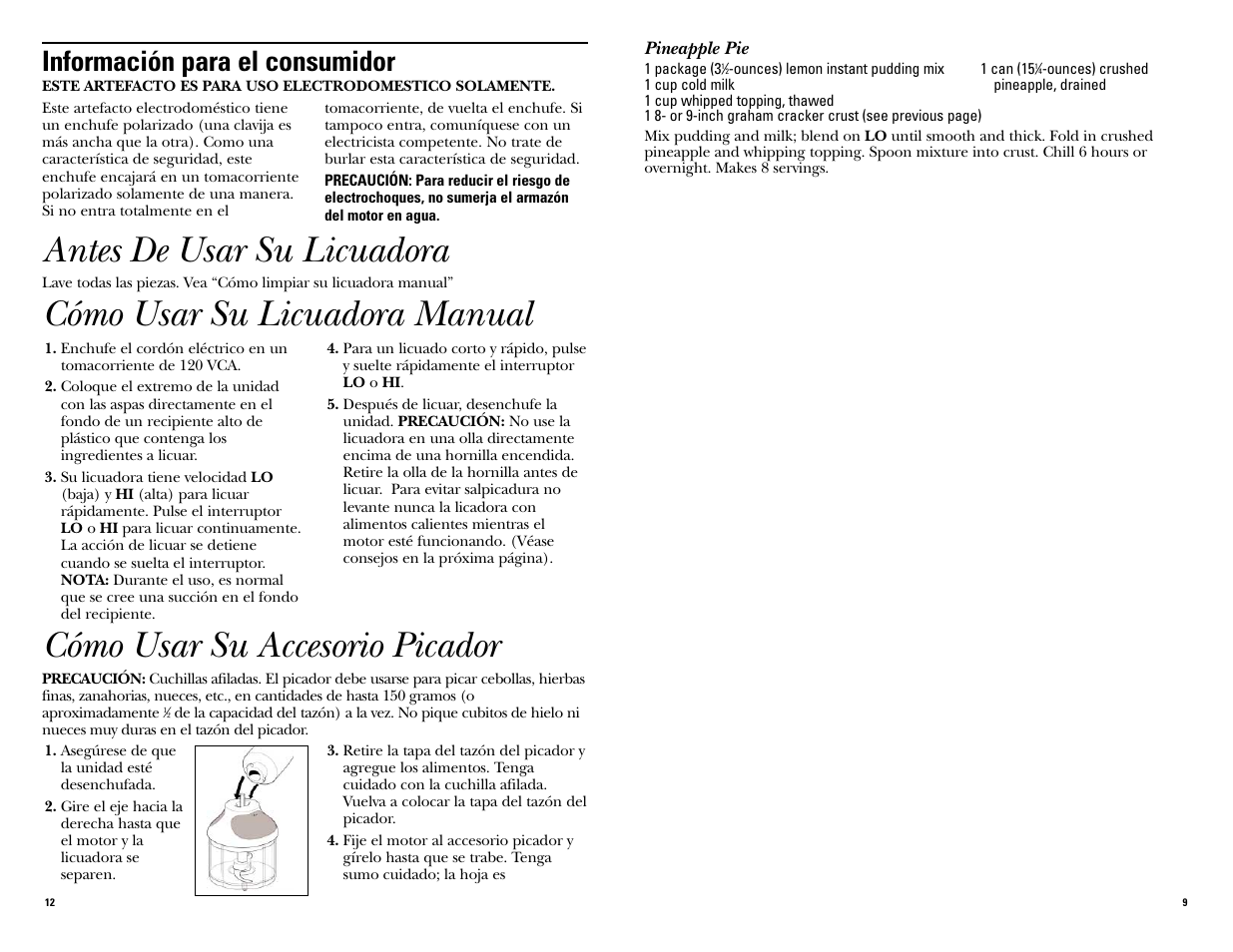 Antes de usar su licuadora, Cómo usar su accesorio picador, Cómo usar su licuadora manual | Información para el consumidor | GE 681131067577 User Manual | Page 12 / 20