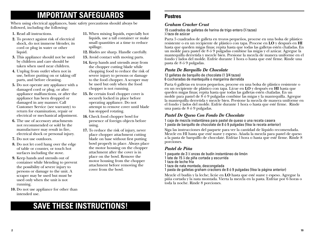 Important safeguards save these instructions, Postres | GE 681131067577 User Manual | Page 19 / 20