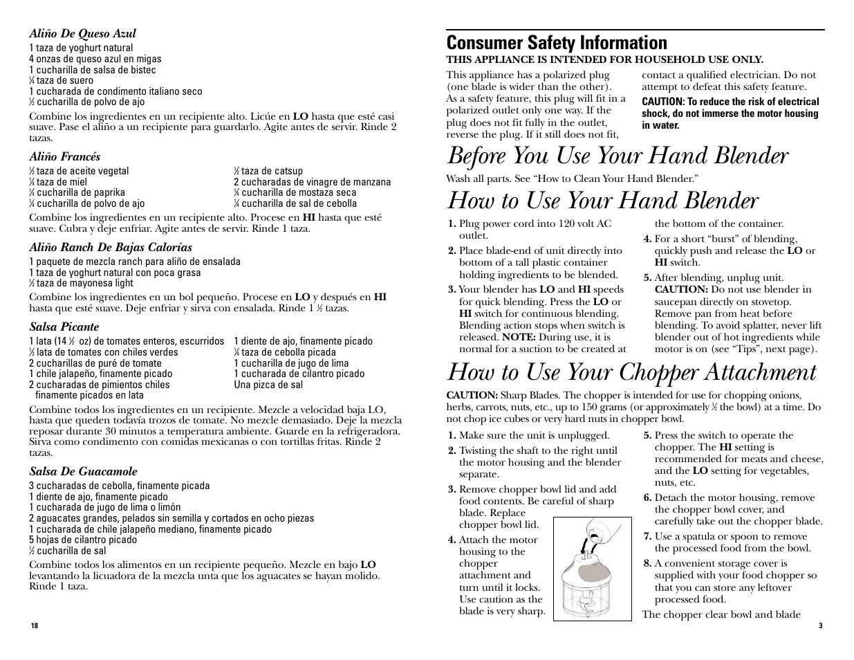 Before you use your hand blender, How to use your hand blender, How to use your chopper attachment | Consumer safety information | GE 681131067577 User Manual | Page 3 / 20